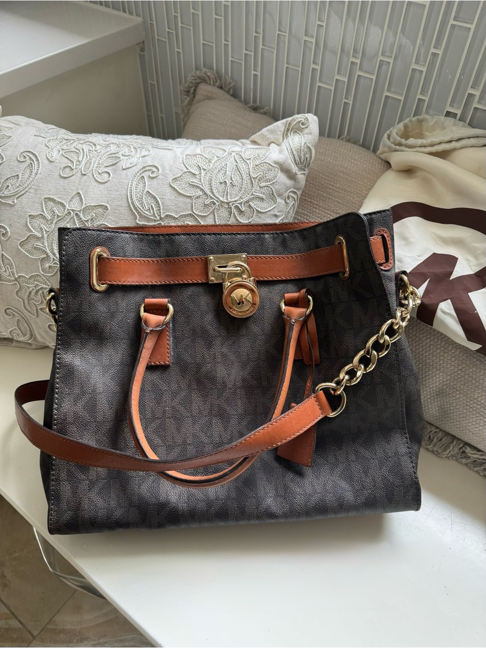 Michael Kors Brown Logo Satchel with Tan Leather Trim and Gold Hardware